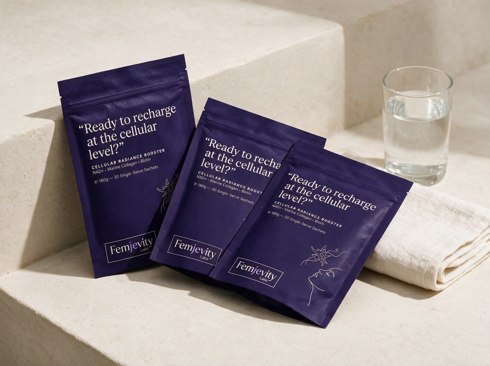 Three Femjevity Labs Cellular Radiance Booster sachets styled together