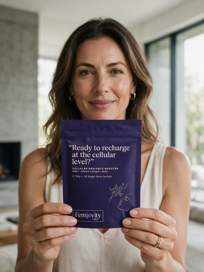Woman holding a Femjevity Labs Cellular Radiance Booster sachet