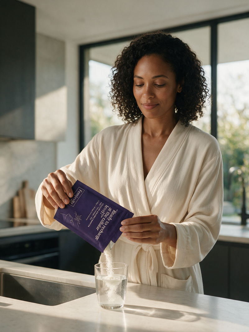 Woman pouring the Femjevity Labs Cellular Radiance Booster into a glass of water in a minimalist kitchen
