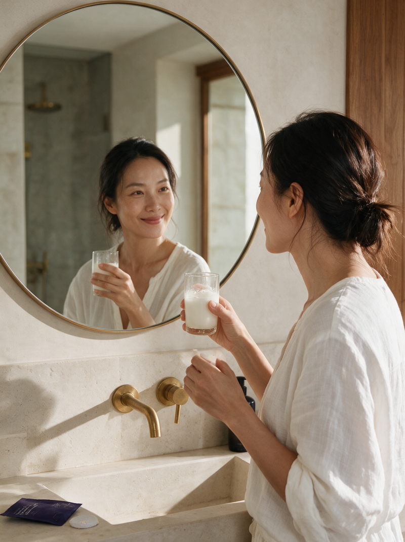 Woman drinking the Femjevity Labs ritual at a bathroom vanity